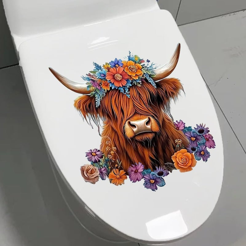 Iprokiu Funny Animal Toilet Seat Cover Decal Waterproof Cartoon Dog Cat Toilet Seat Lid Sticker Dinosaur Duck Washroom Bathroom Decal Home Wall Sticker (Highland Cow) - Image 2